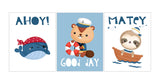 Ahoy Matey Sailing Sloth Whale and Beaver Animals Nautical Nursery Decor Set of 3 Unframed Prints
