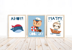 Ahoy Matey Sailing Sloth Whale and Beaver Animals Nautical Nursery Decor Set of 3 Unframed Prints