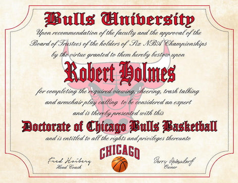 Chicago Bulls Ultimate Basketball Fan Personalized Diploma - Perfect Gift - 8.5" x 11" Parchment Paper