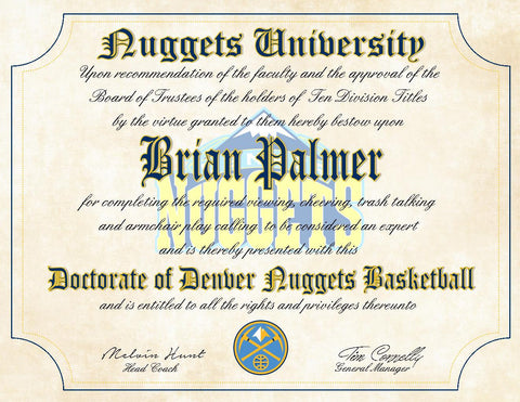 Denver Nuggets Ultimate Basketball Fan Personalized Diploma - Perfect Gift - 8.5" x 11" Parchment Paper