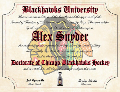 Chicago Blackhawks Ultimate Hockey Fan Personalized Diploma - Perfect Gift - 8.5" x 11" Parchment Paper