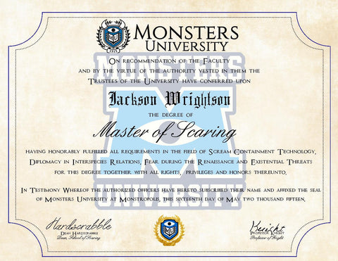 Personalized Monsters Inc. Diploma - Monsters University Customized Degree printed on Parchment Paper