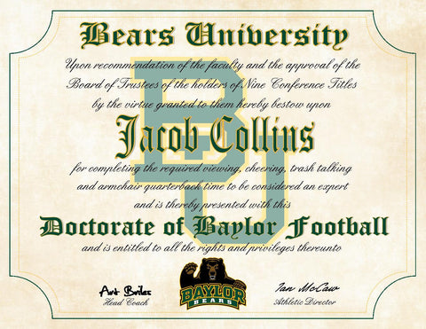 Baylor Bears Ultimate Football Fan Personalized Diploma - Perfect Gift - 8.5" x 11" Parchment Paper