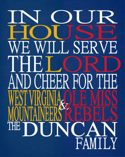 A House Divided - West Virginia Mountaineers & Ole Miss Rebels Personalized Family Name Christian Print