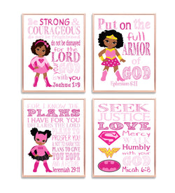 African American Superhero in Pink Christian Nursery Set of 4 Unframed Prints - Supergirl, Batgirl, Wonder Woman with Bible Verses