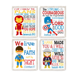 Superhero Christian Nursery Decor Art Print Set of 4 - Thor, Captain America, Cyclops and Ironman