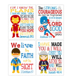 Superhero Christian Nursery Decor Art Print Set of 4 - Thor, Captain America, Cyclops and Ironman